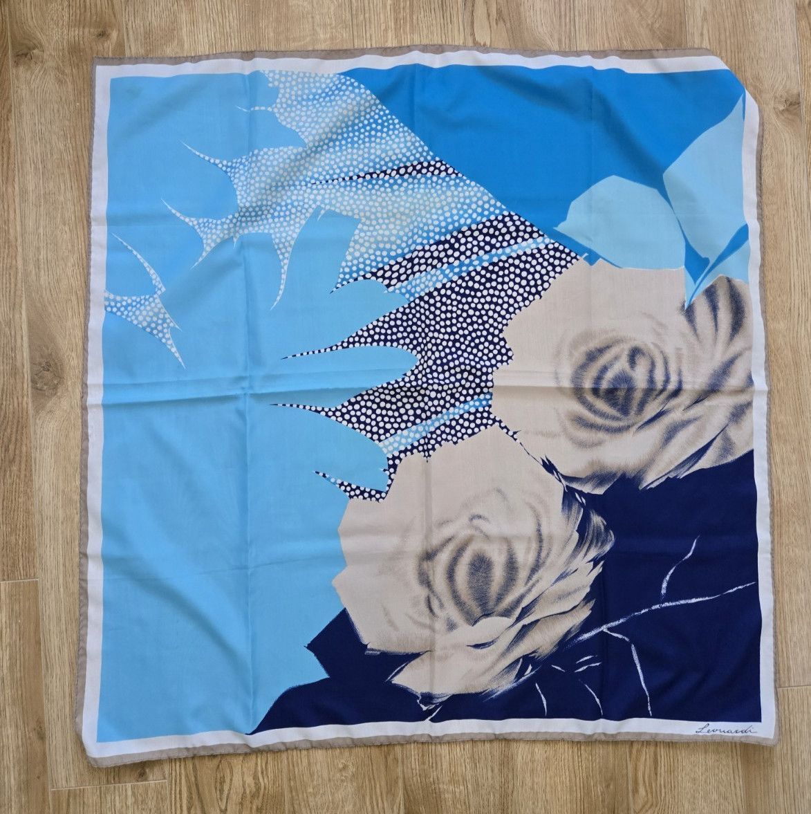 Vintage LEONARDI Silk Scarf in Shades of Blue + Tan. 31.5 inches x 31.5 inches