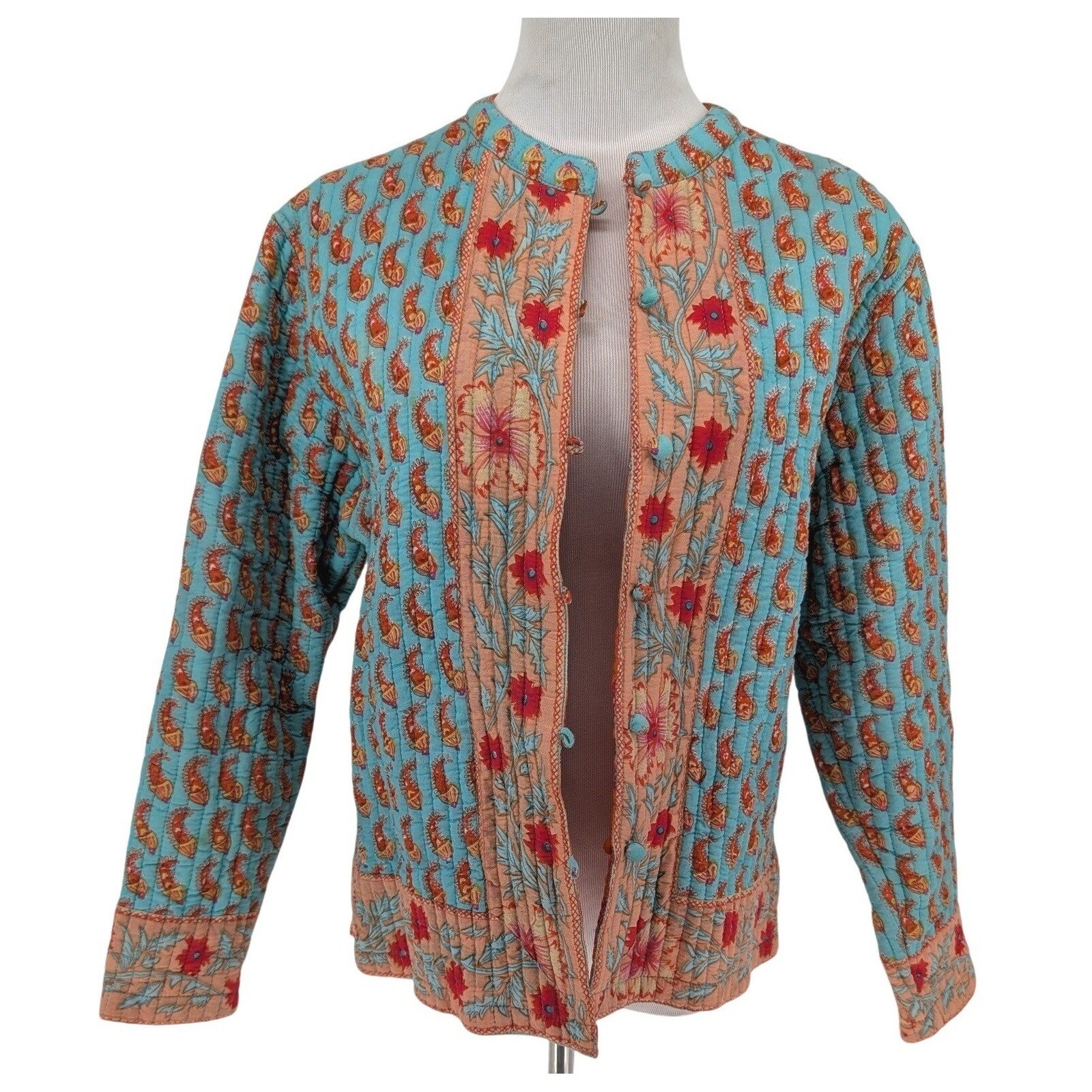 Reversible Quilted Jacket Wmns M Blue Orange Paisley Floral Boho Cottage Artisan