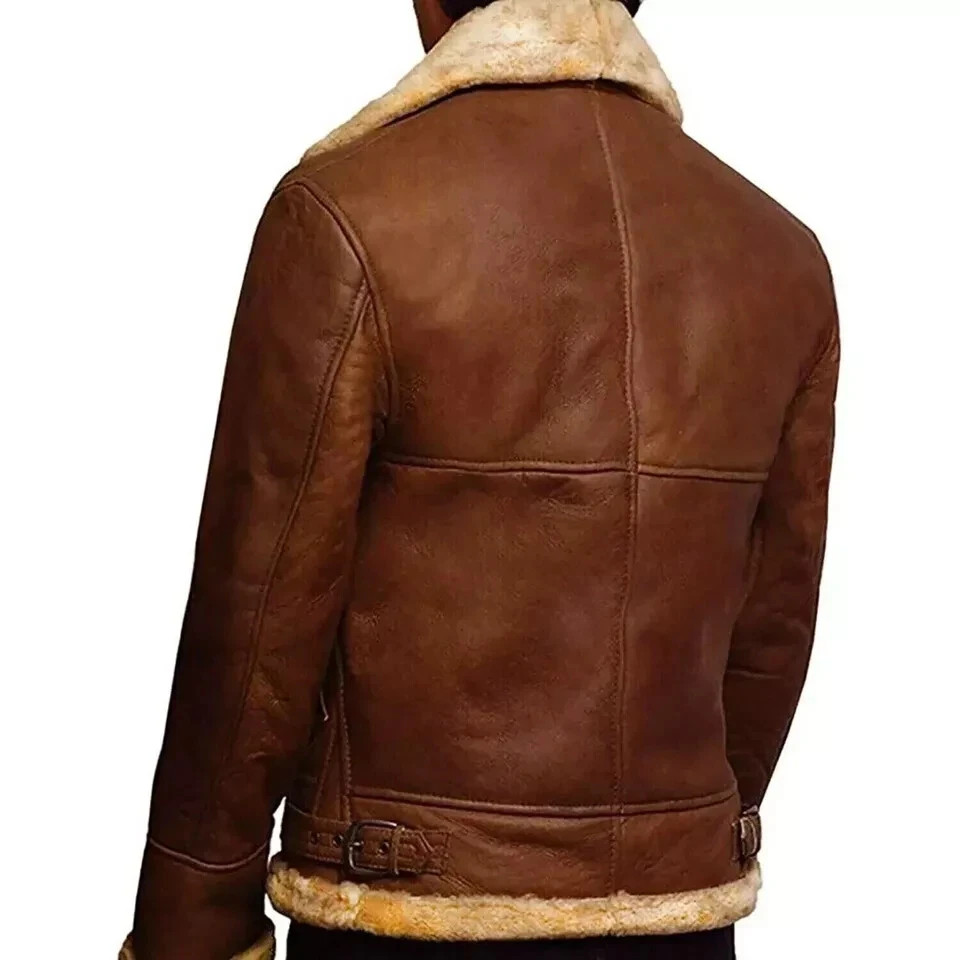Men’s Brown Sheepskin Genuine Leather Fur Jacket RAF Shearling Aviator B3 Bomber