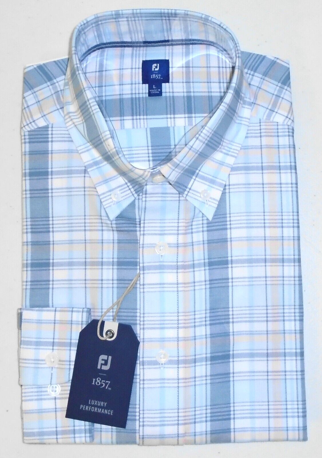 NWT Footjoy 1857 Stretch Cotton Woven Multiplaid Dress Shirt, Aqua / White 26269