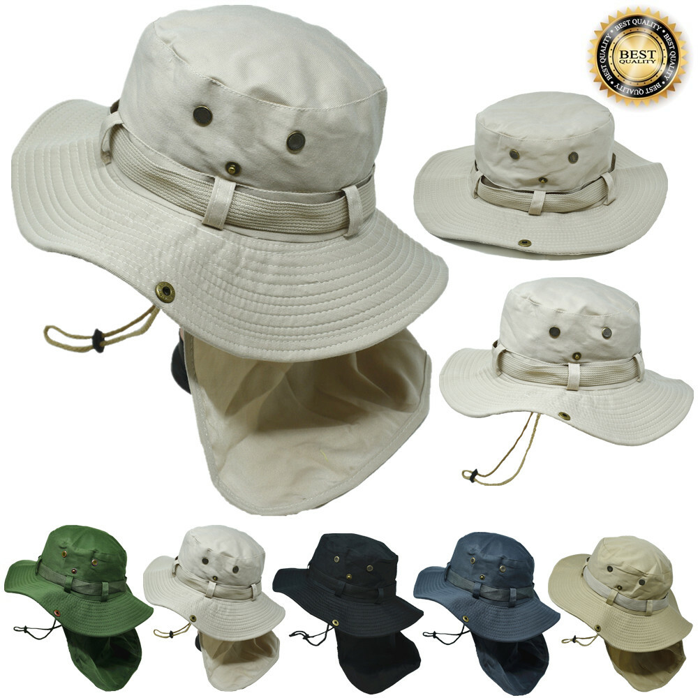 Mens Womens Bucket Boonie Hat Neck Flap Cover Sun Wide Brim Fishing Hiking Cap
