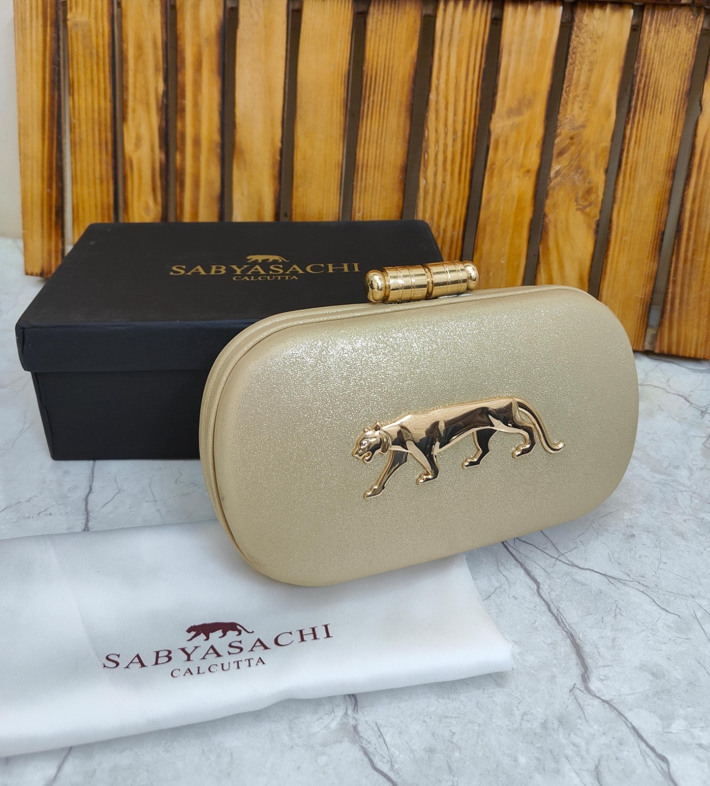 Sabyasachi Clutch Bags Gold Champagne Tiger Logo Designer Purse Wedding Party