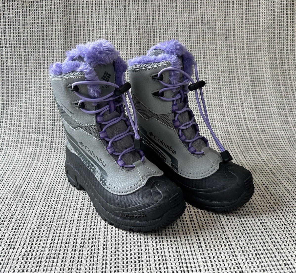 Columbia Bugaboot Girls 2 Gray Purple Snow Boots Faux Fur Waterproof Omni-Heat
