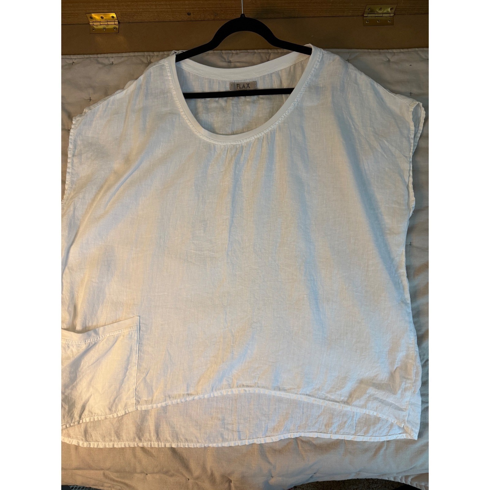 Flax White Boxy Linen Blouse L Pocket Lagenlook White Oversized Summer Beach