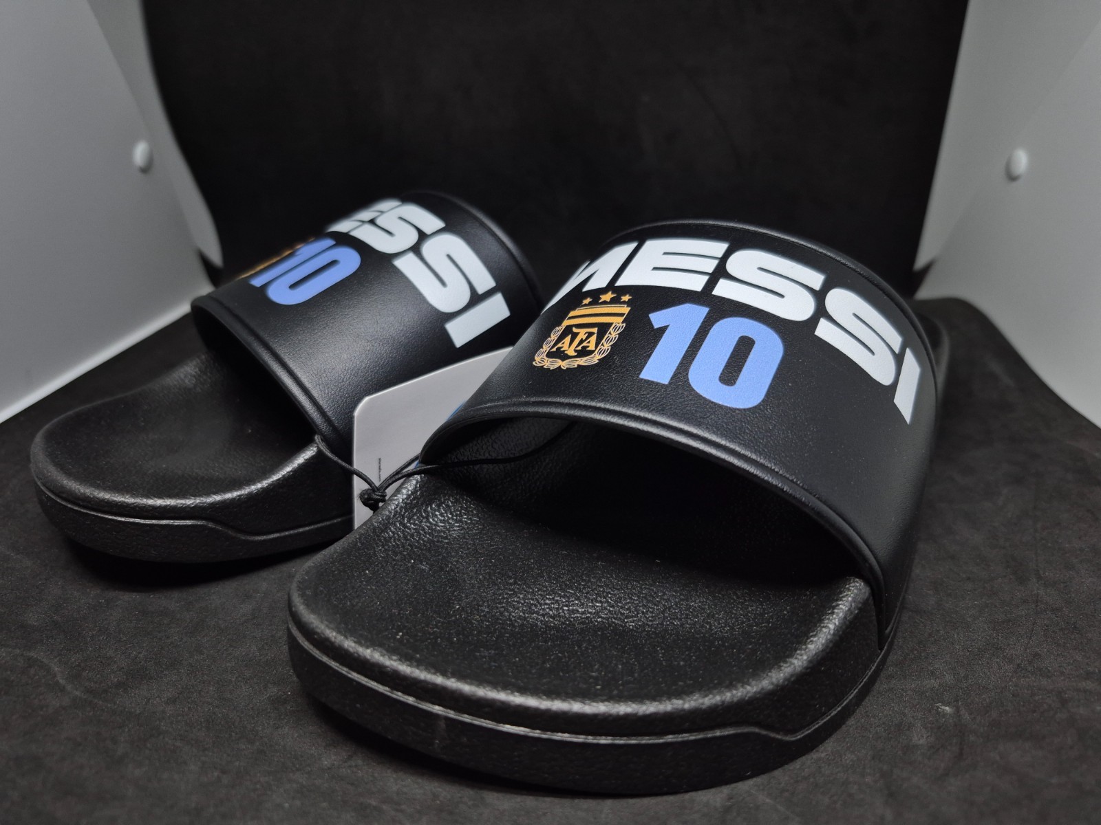 AFA Men’s Black Lionel Messi # 10 Logo Slide Sandals Slip-On Lightweight