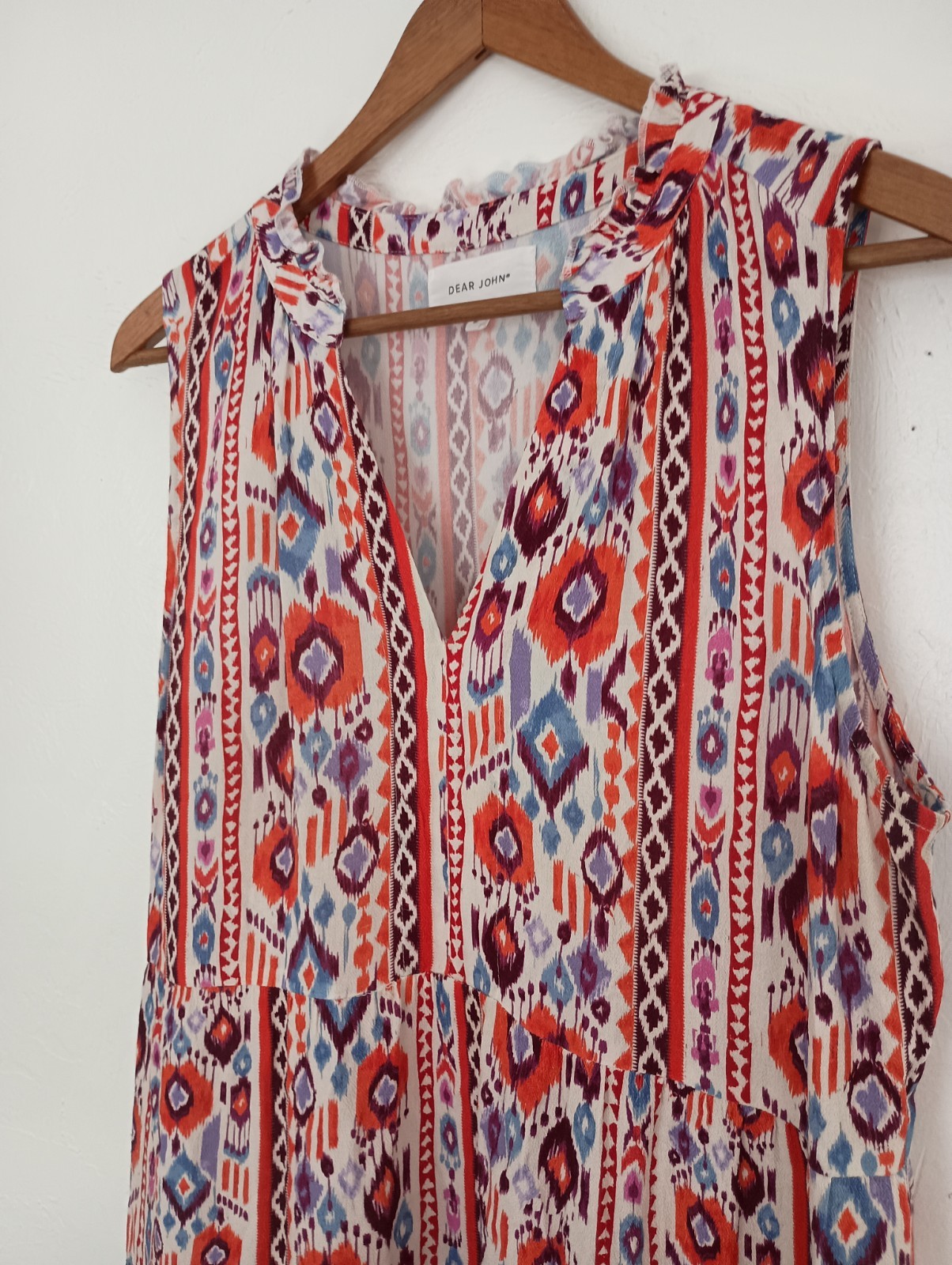 Dear John Multicolor Geometric Sleeveless V-Neck Dress M Rayon Ruffle