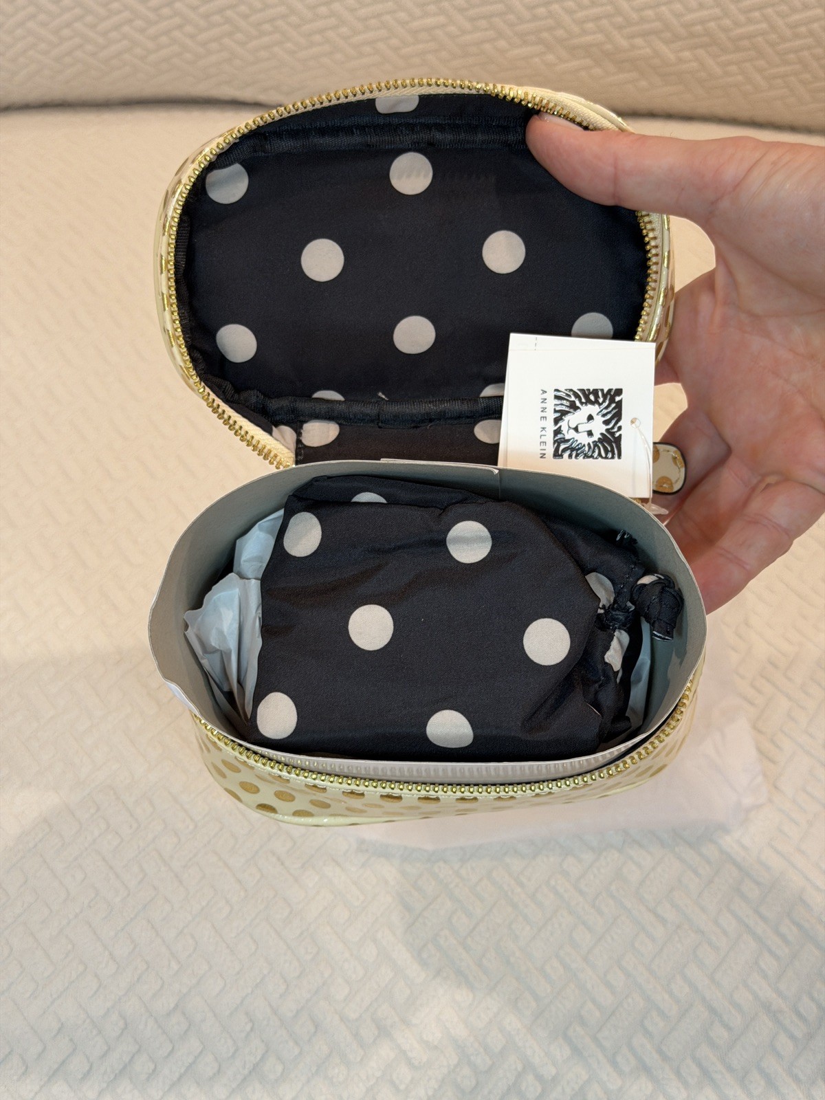 Anne Klein New York Gold Polka Dot Zipper MakeUp Cosmetic Bag Toiletries Pouch