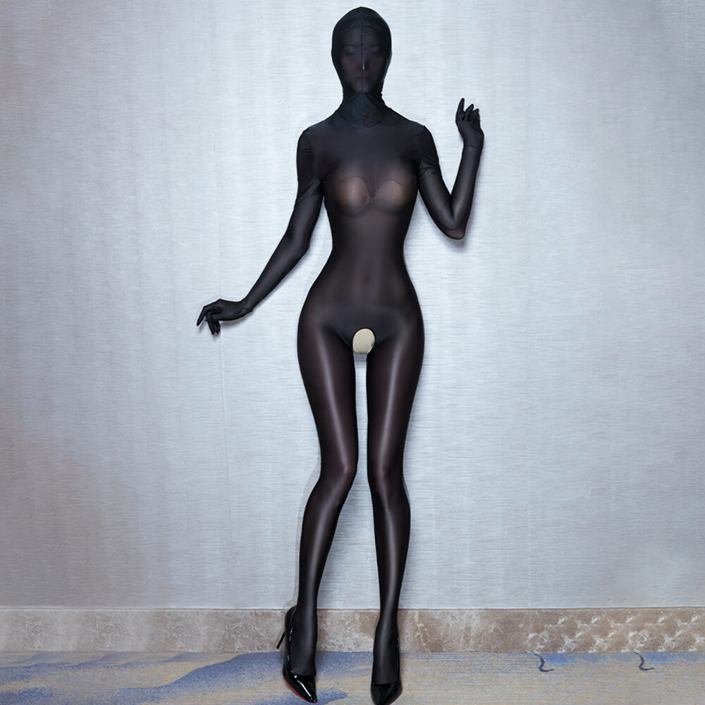 Women Sheer Shiny Zipper Zentai Jumpsuit Glossy Bodystocking Mask Hood Bodysuit