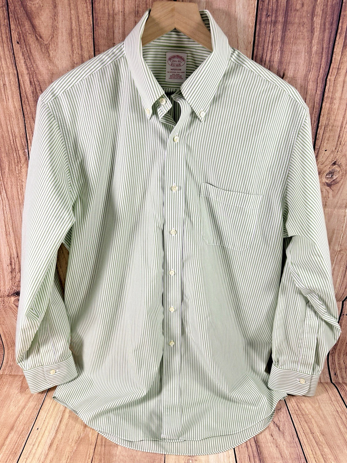 Brooks Brothers Madison Men Shirt Button Down Shirt Green Striped MED 15-1/2 33