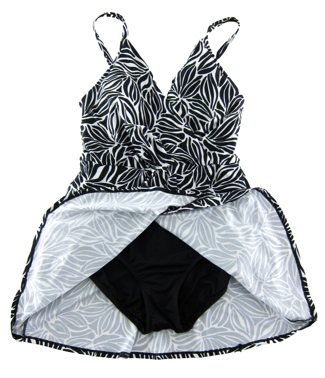 Lands End Classic Black White Floral Built In Bra Slimming Swimsuit Swimdress M