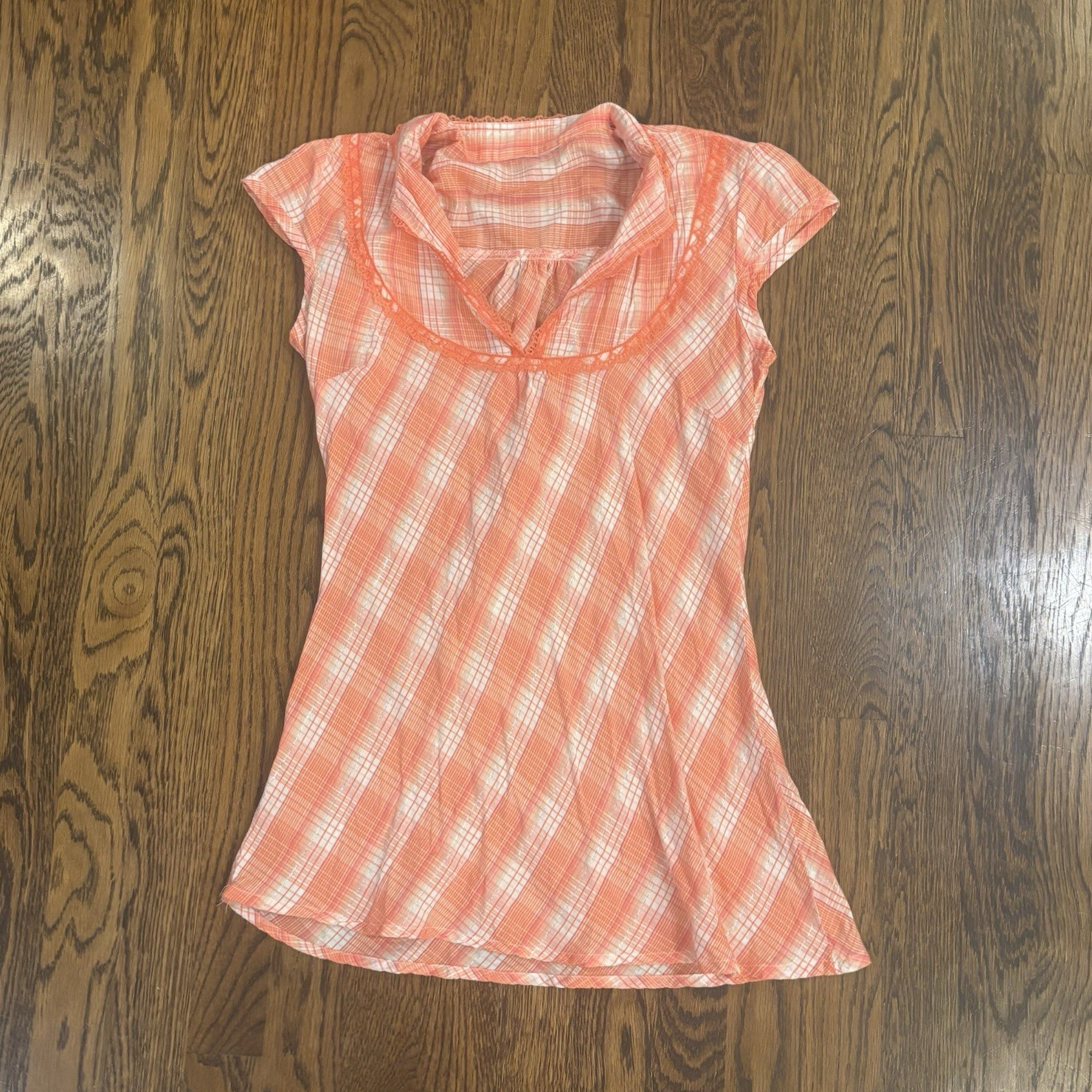 Vintage McBling Peach Plaid Cap Sleeve Top – Shimmer Detail & Lace Trim