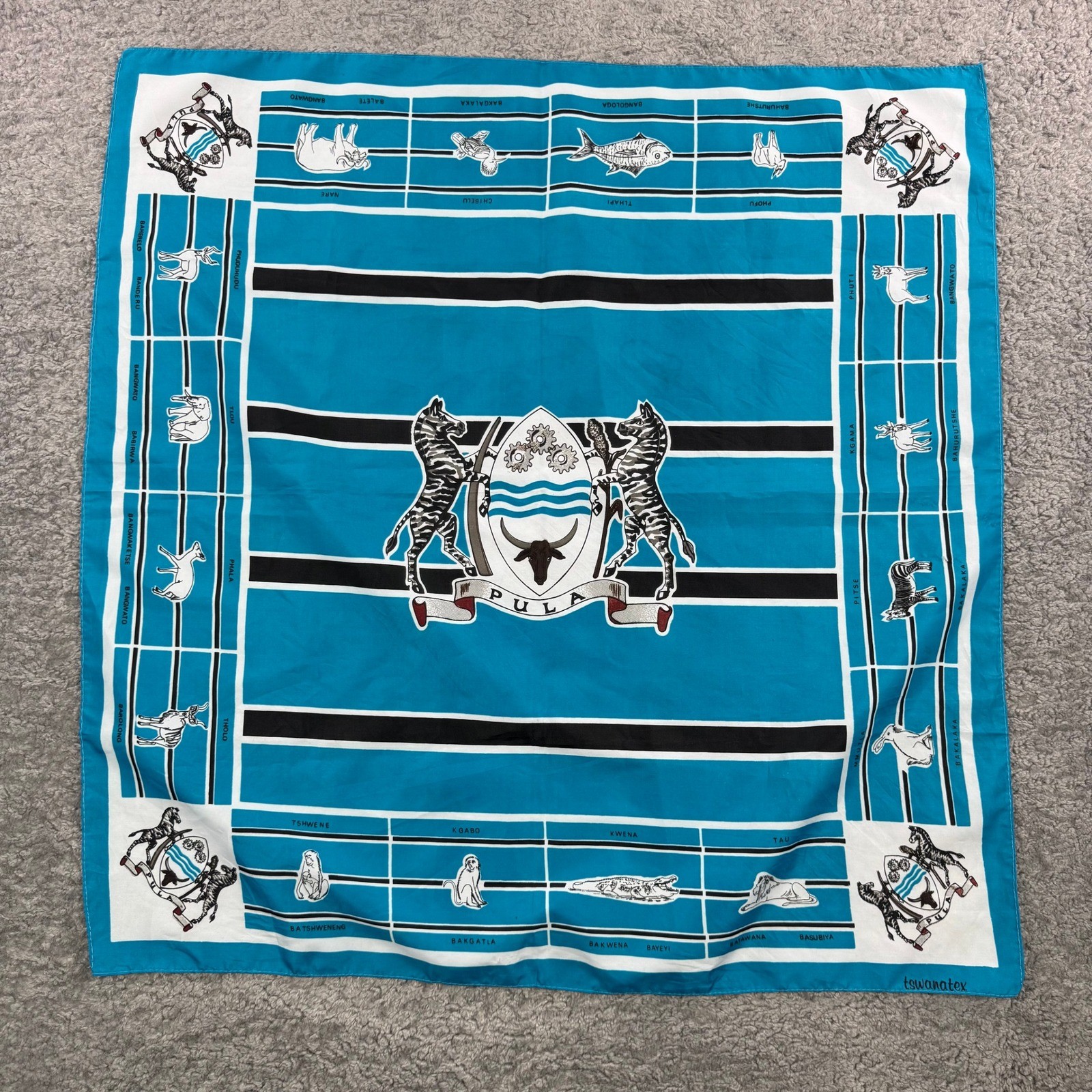 Tswanatex Botswana Coat of Arms African Wildlife Square Scarf Turquoise 30×30