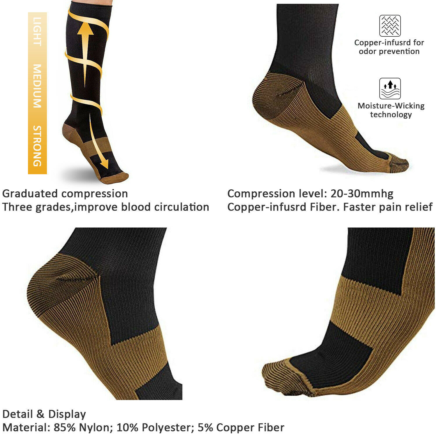 (6 Pairs) Copper Compression Socks 20-30mmHg Graduated Support Mens Womens S-XXL