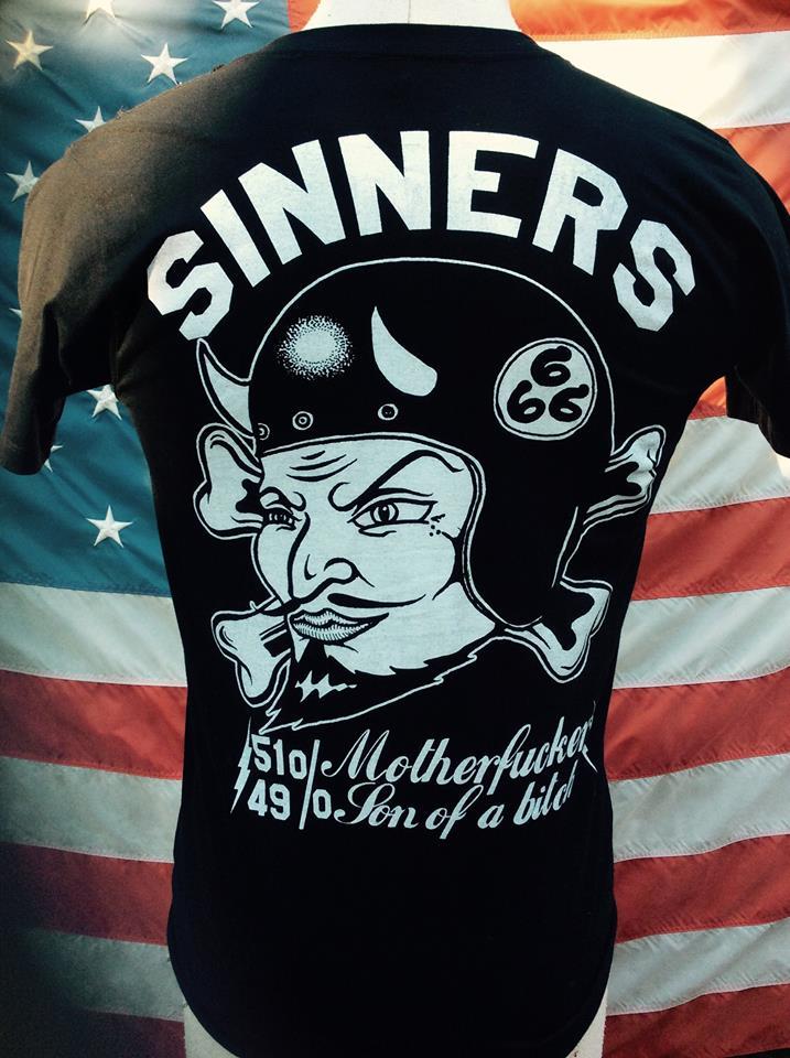SINNERS BIKER DEVIL HELMET SHIRT old school punk retro vtg Chopper Motorcycle