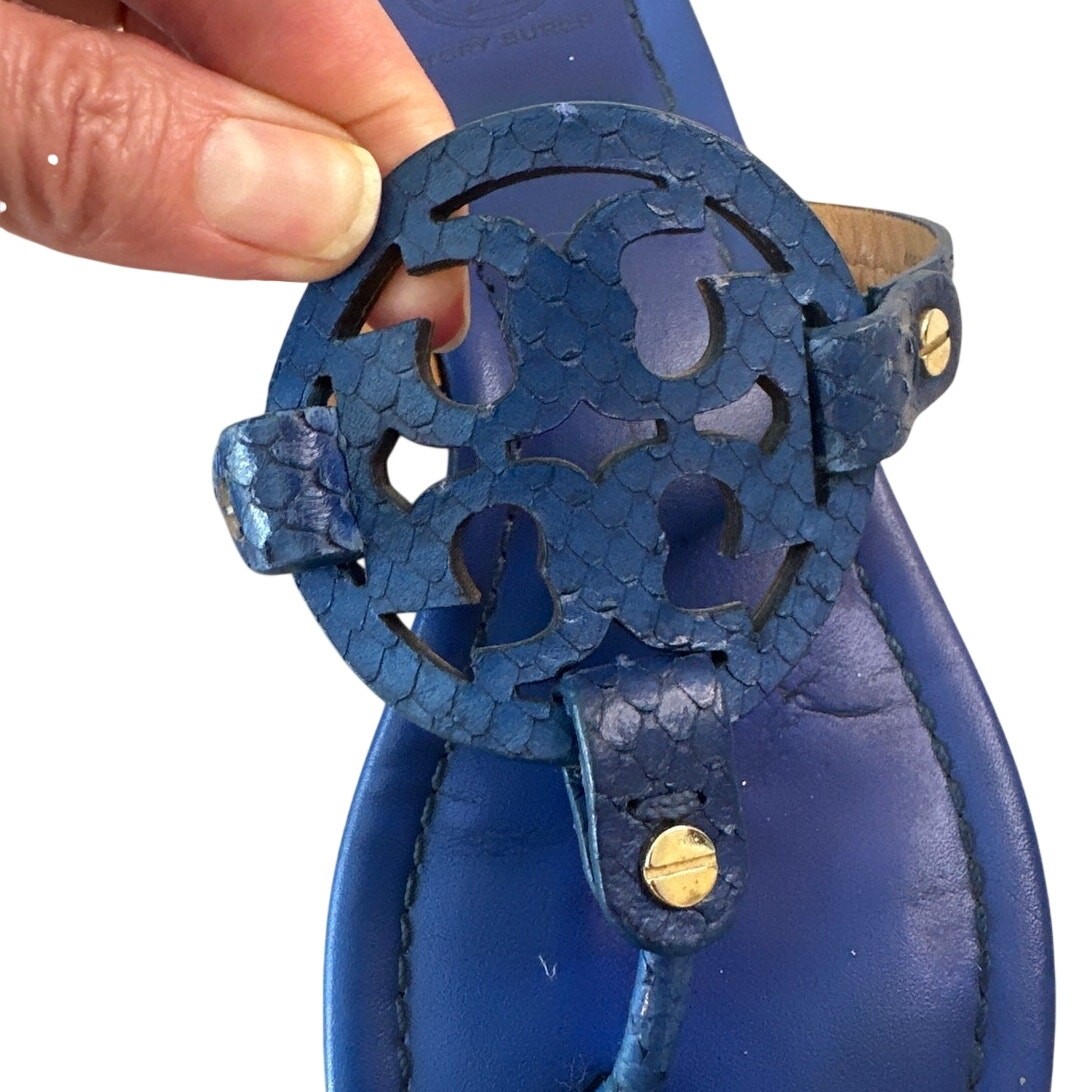 Tory Burch Miller Laguna Blue Snake Embossed Sandals Size 7.5