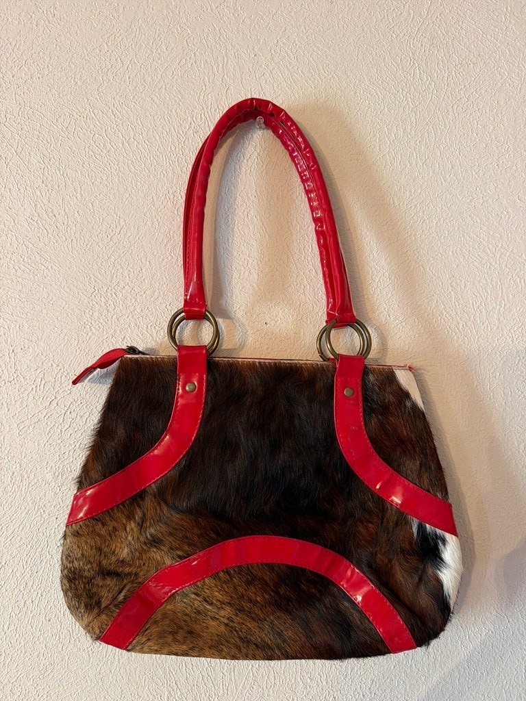 Two-Tone Faux Fur and Red Patent Leather Handbag