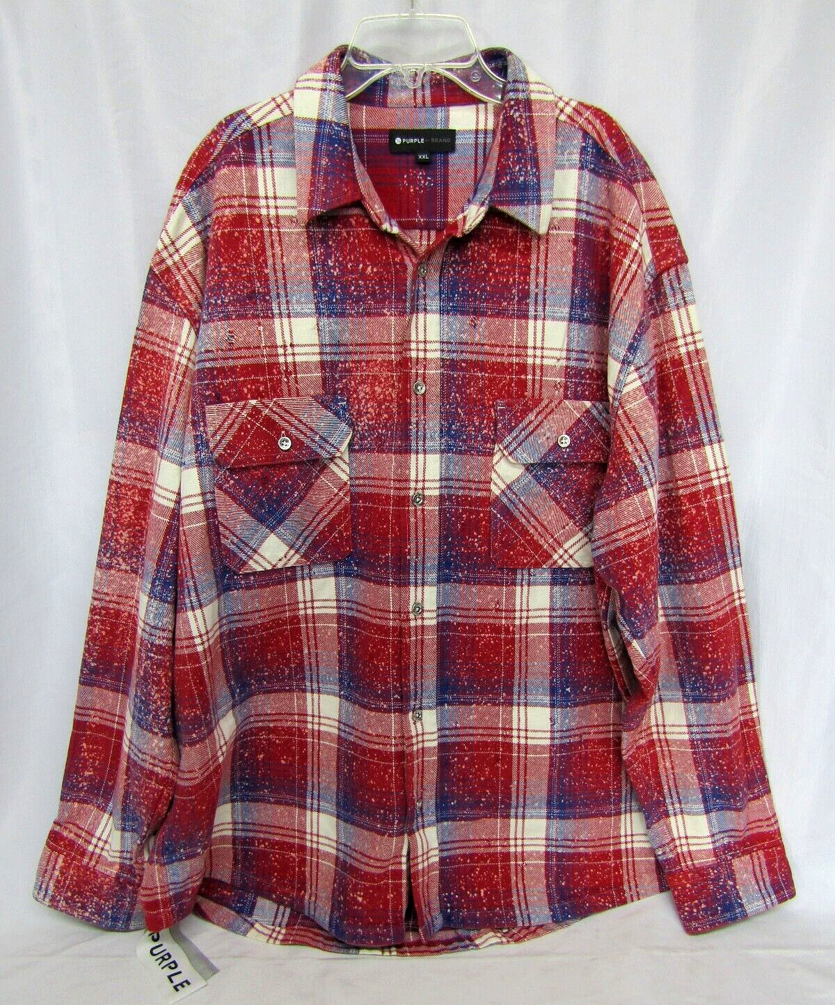 PURPLE BRAND Distressed Paint Splatter Red Blue Plaid Flannel Shirt XXL