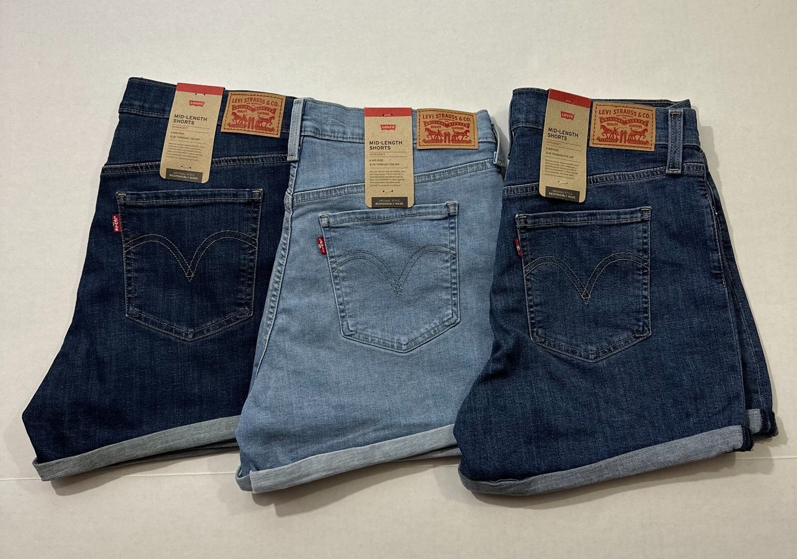 LEVI’S Women’s Denim Shorts Mid Length Hyper Soft Multiple Sizes Colors NWT