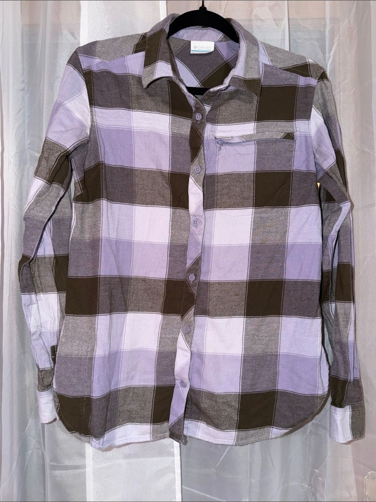 Columbia Women’s Anytime Casual Stretch, Purple and Brown Plaid Button-Up Shirt