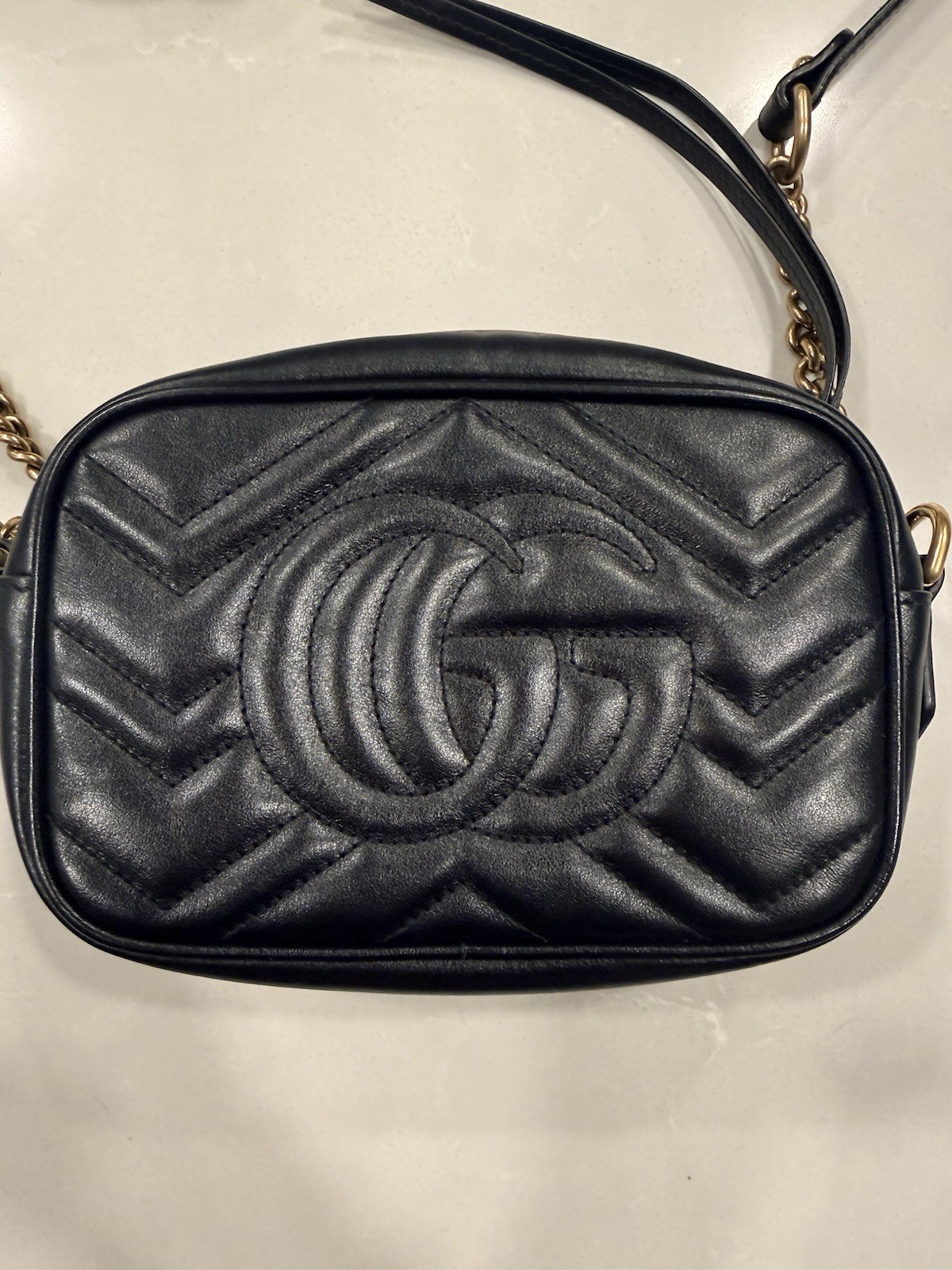Gucci GG Marmont Mini Camera Bag Black Quilted Zip Crossbody Chain Strap