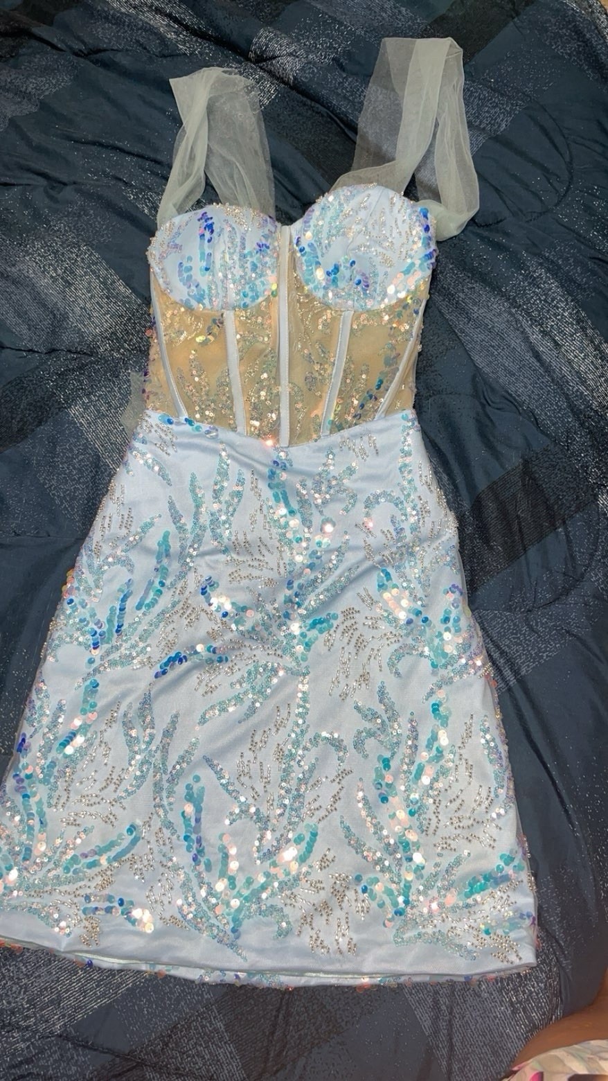 PROM, Light Blue Sequin Sweetheart Lace-Up Mini Dress, Sleeveless Strappy, S