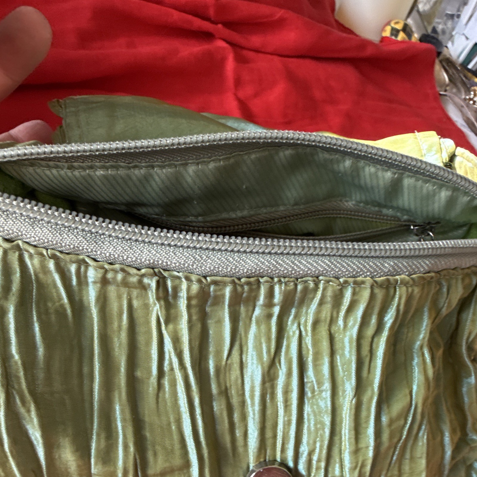 Green Ruffle Bow Beaded Floral Shoulder Bag Silver Hardware Zip Magnetic Lined