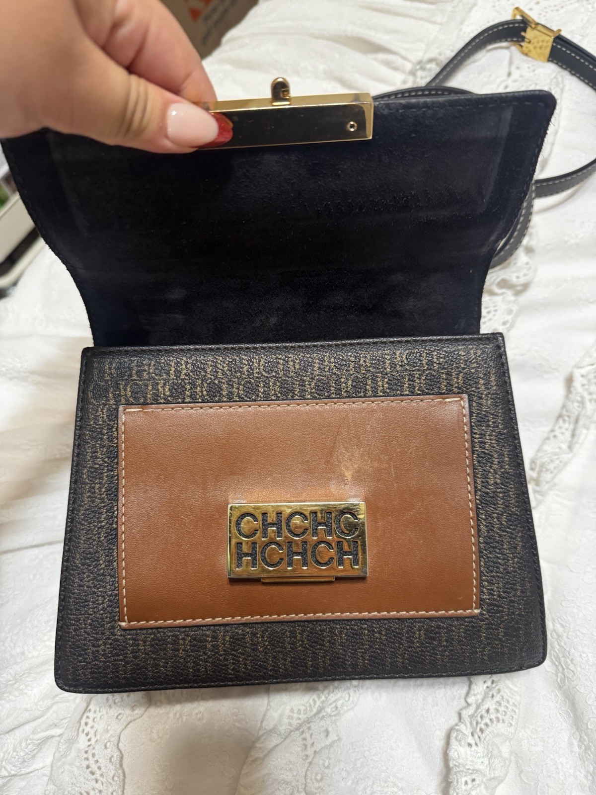 Carolina Herrera Monogram Logo Small Crossbody Top Handle Brown/Black Gold