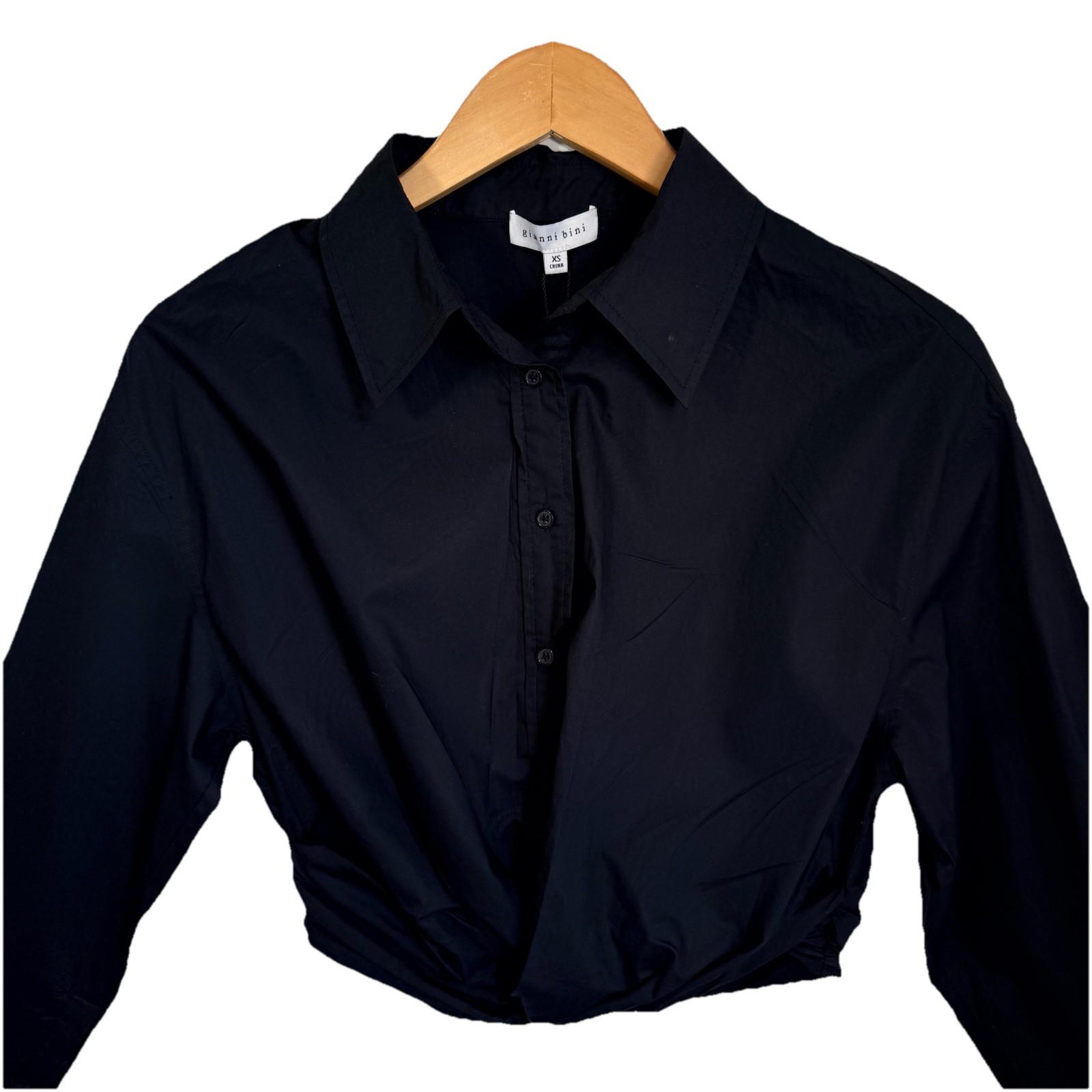 Gianni Bini Black Cotton Button Front Cropped Twist Shirt Sharp Fitted S