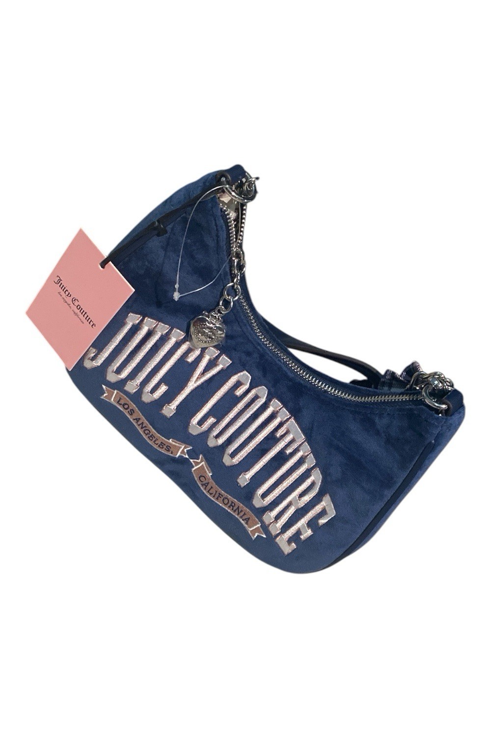 Juicy Couture Navy Logo Embroidered Shoulder Bag w/ Chain Strap, Charm, Zip