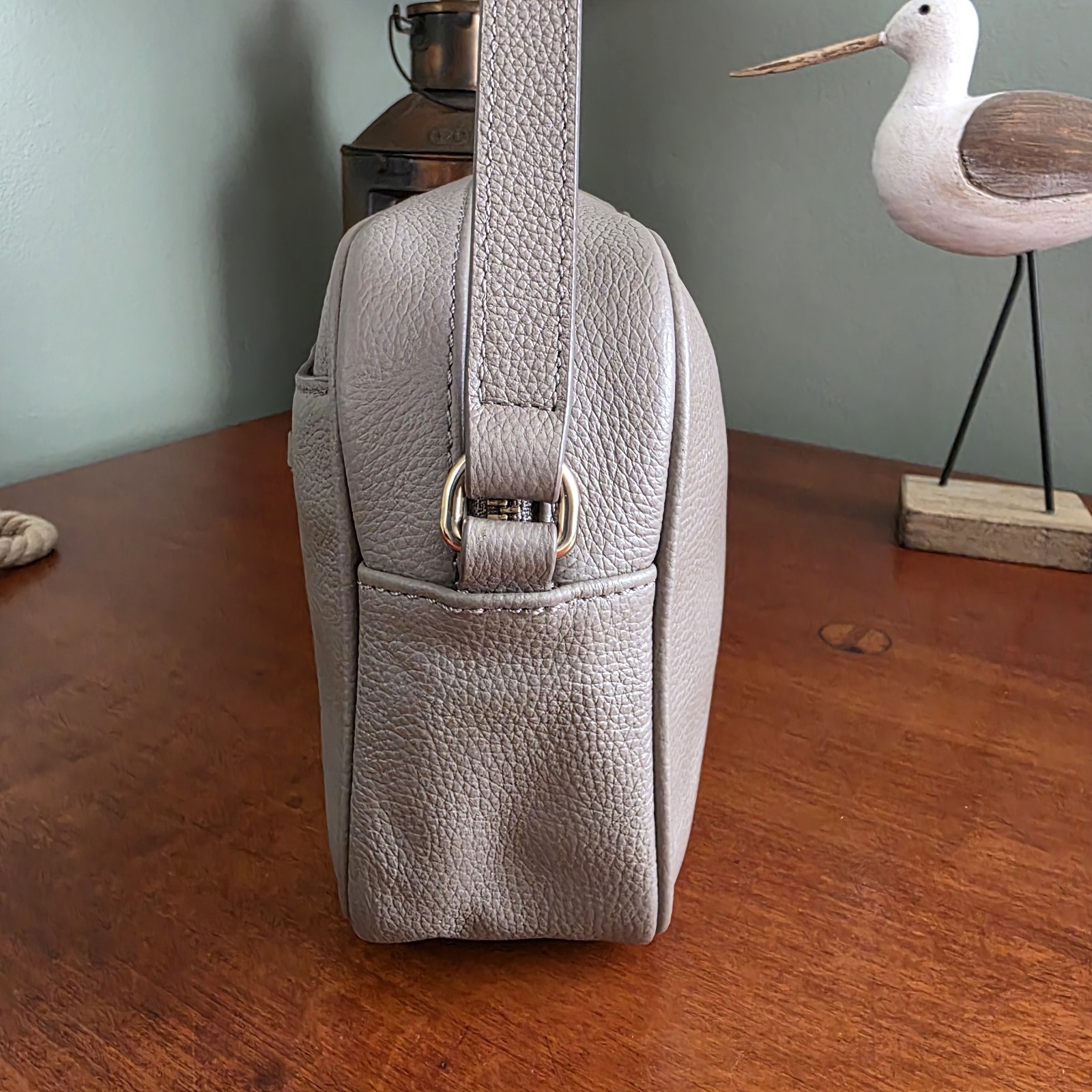 Sam Edelman Loraine Horsebit Taupe Pebbled Leather Camera Crossbody Bag