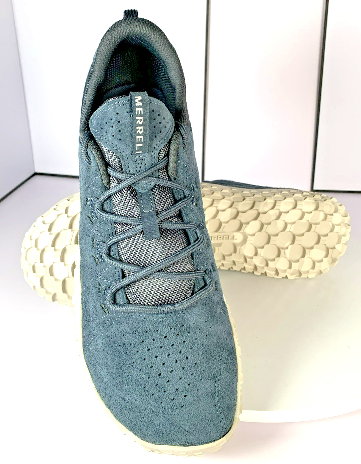 Merrell Mens Wrapt Slate Blue Gray Barefoot Minimalist Suede Sneaker Shoes, 13