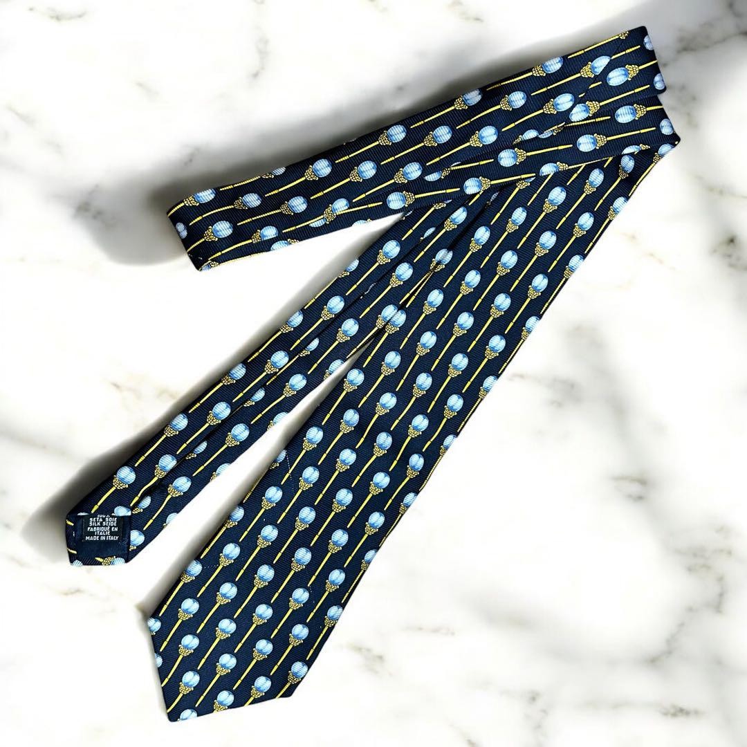 CHANEL Logo 100% silk COCO Tie Men Navy Yellow Genuine Excellent condition