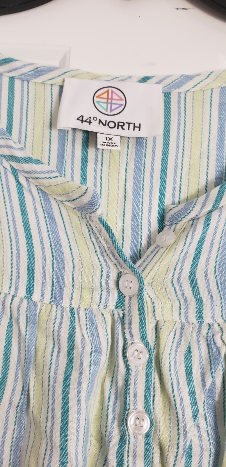 44° North women’s vertical-striped button-front top, size 1X, crafted with a…