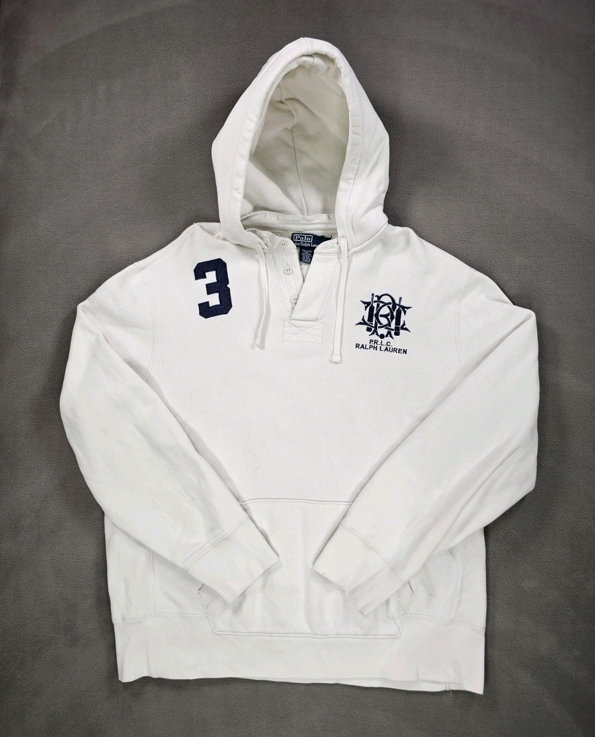 VTG Y2K Polo Ralph Lauren Mens #3 White Hoodie 3-Button Placket Crest Logo XXL