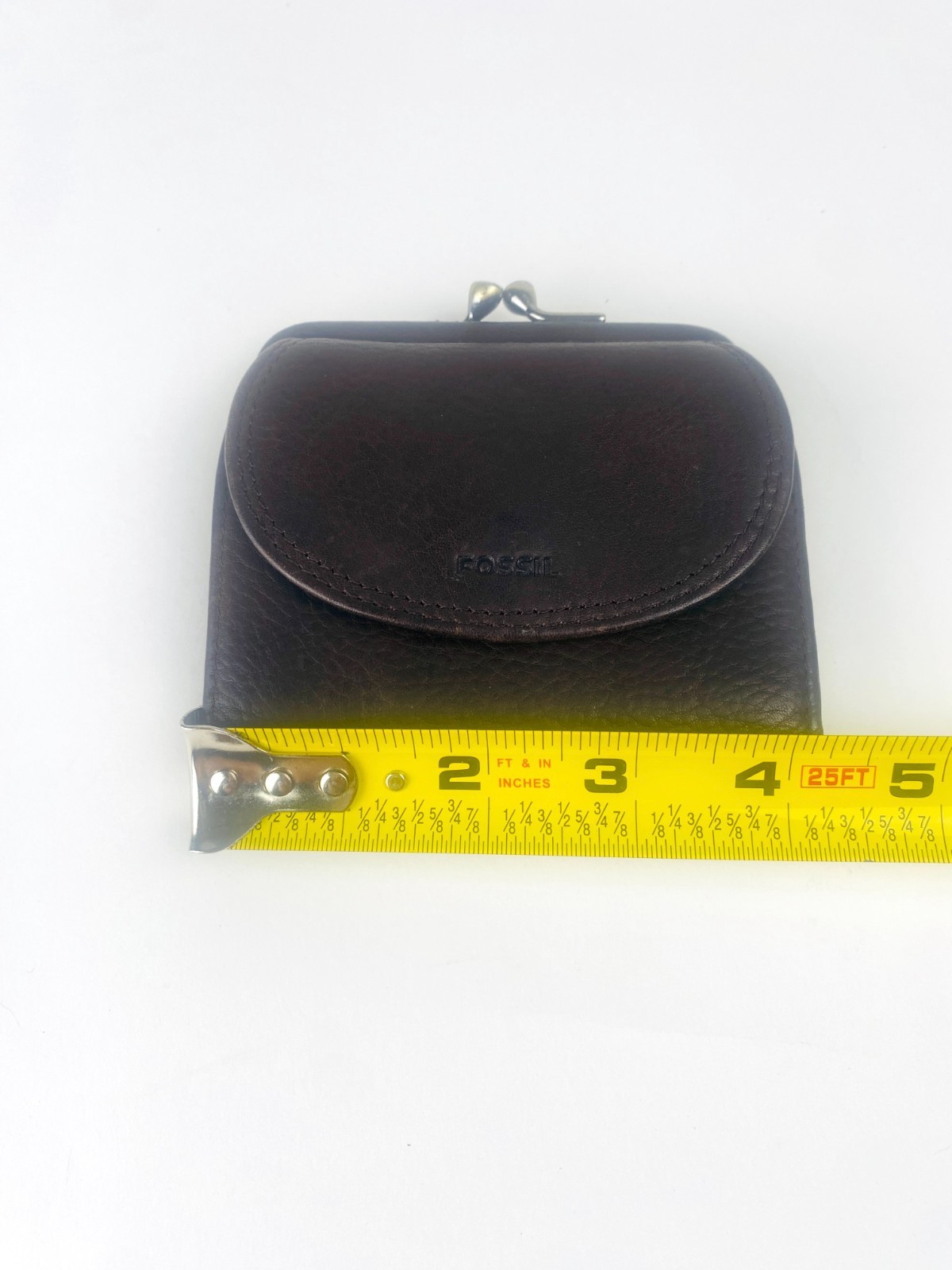 Vintage Fossil Brown Pebbled Leather Kiss Lock Bifold Wallet Coin Purse 90s