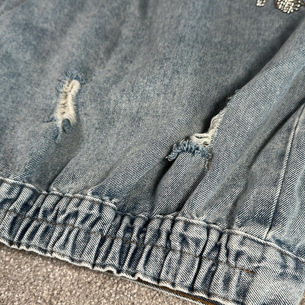 Distressed, rhinestone, fringe, jean jacket, grunge, punk band rock