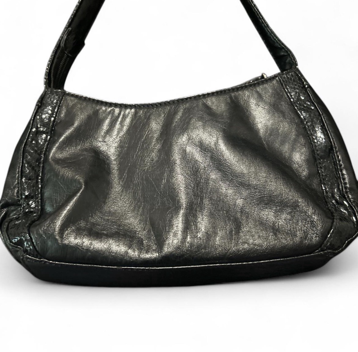 Black Small Crescent Shoulder Bag Zip Turn Lock Silver Lined Detach Strap