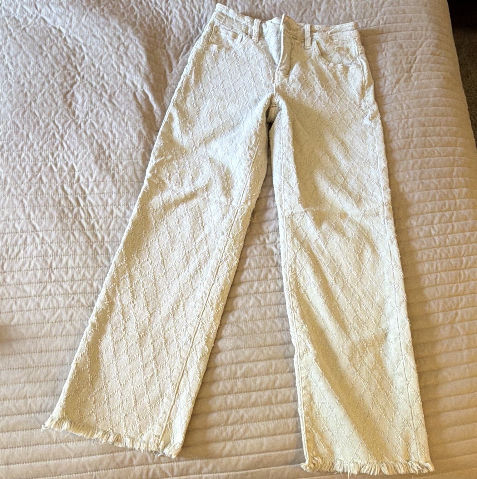 Risen Los Angeles Women’s Ivory High Rise Straight Jeans Diamond Fringe Hem 1