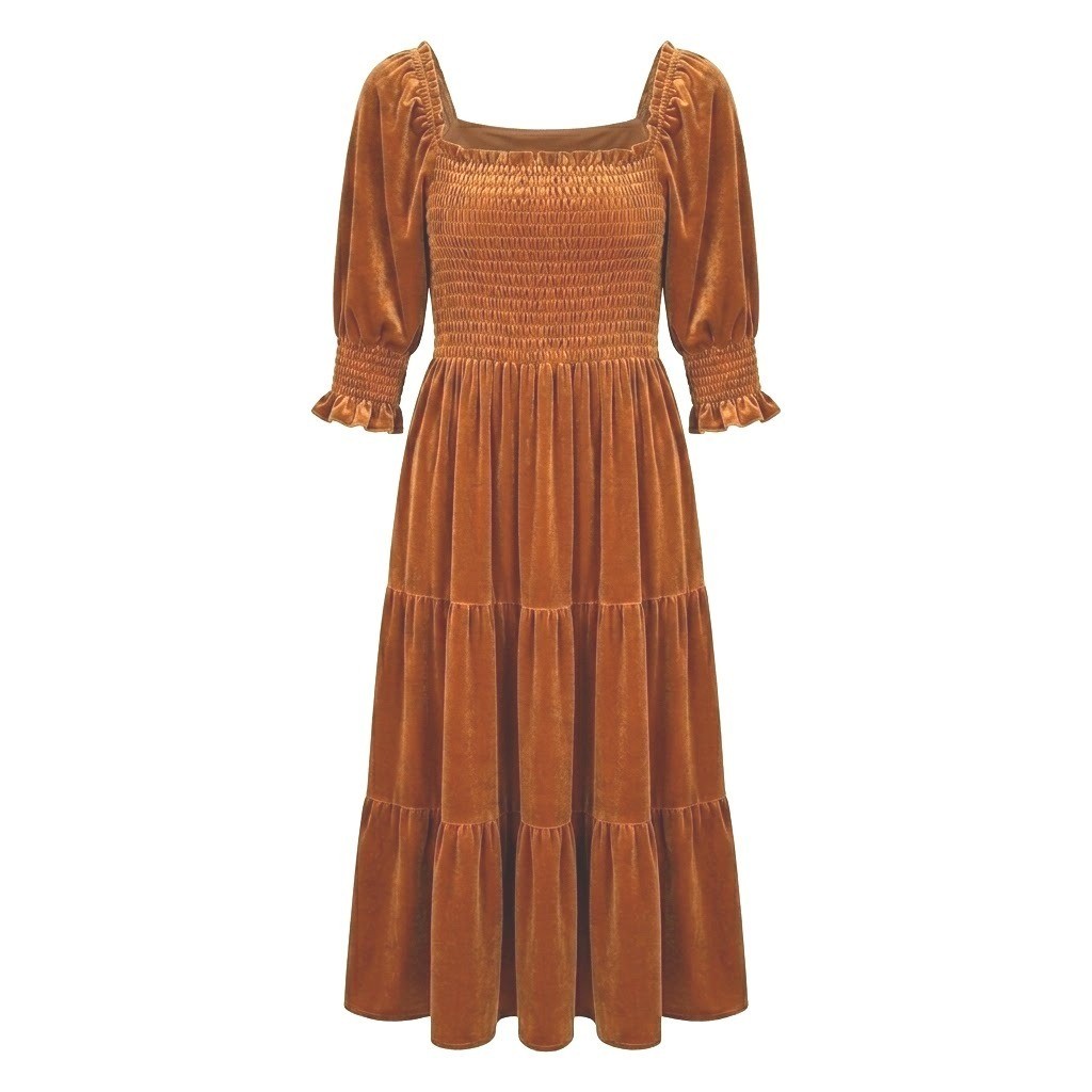 NEW R. Vivimos Womens Large 12/14 Gold Velvet Smocked Puff Sleeve Midi Dress