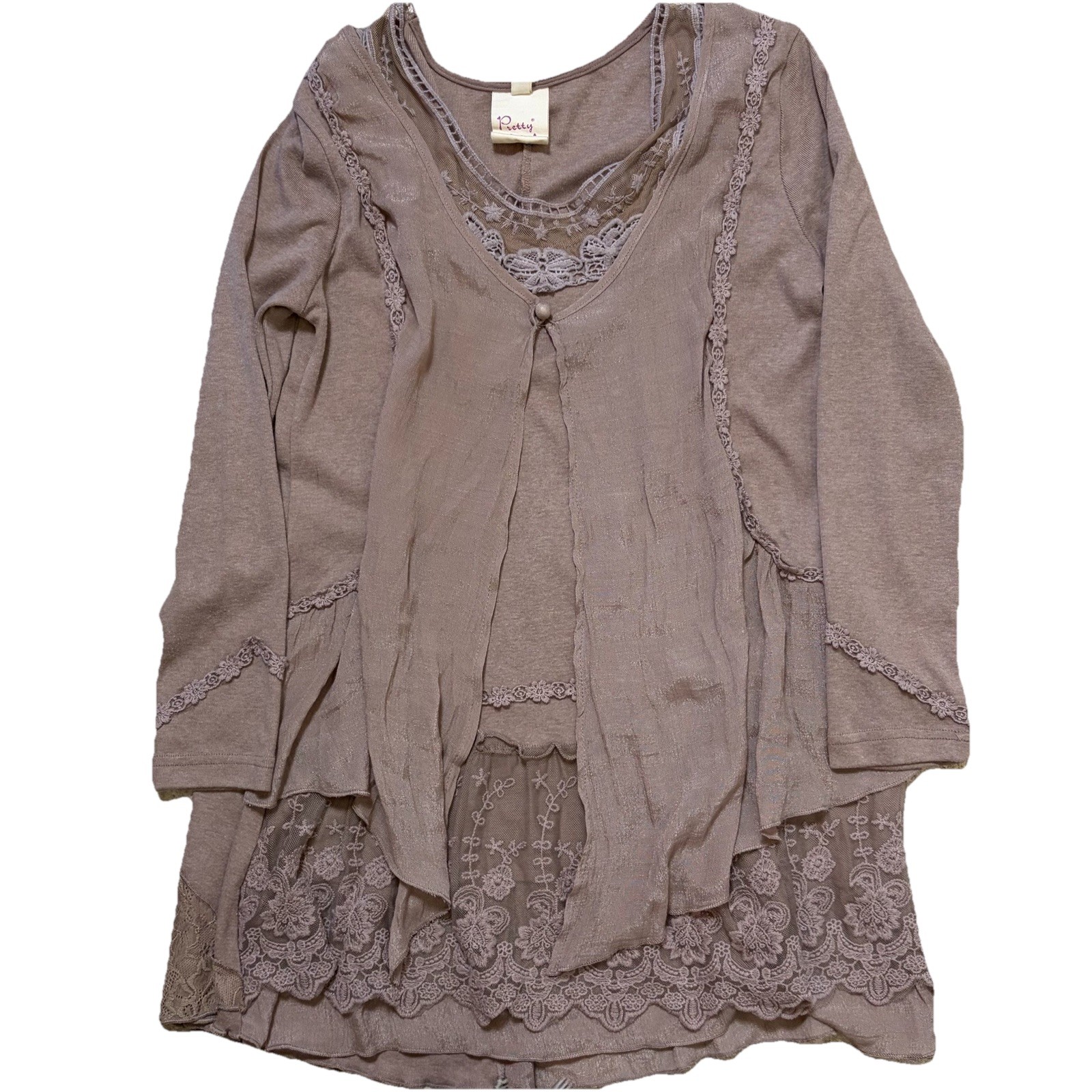 Pretty Angel Beige Fairy Whimsy Boho Lace Blouse Top Women Medium