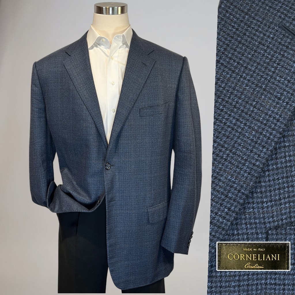Corneliani Cashmere & Wool 50-52L Blue Houndstooth Plaid Sport Coat Blazer