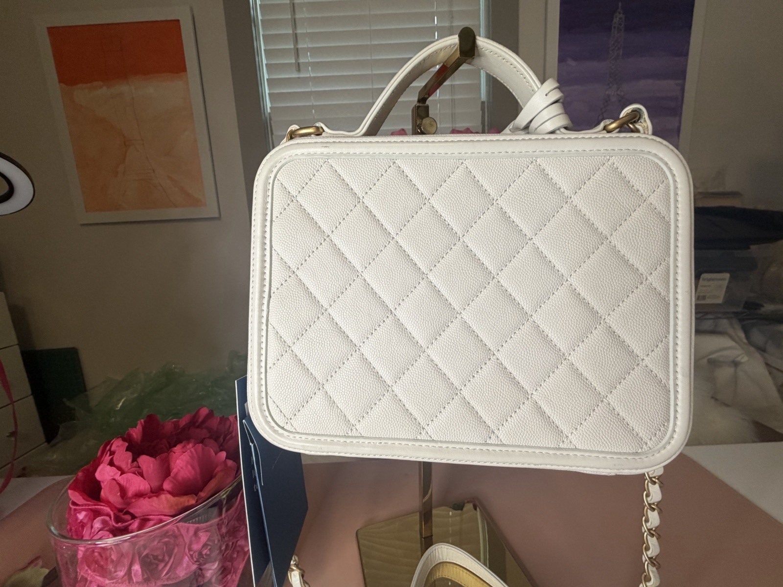 Authentic Chanel CC Filigree Vanity Case White Caviar Gold Hardware COA ICONIC