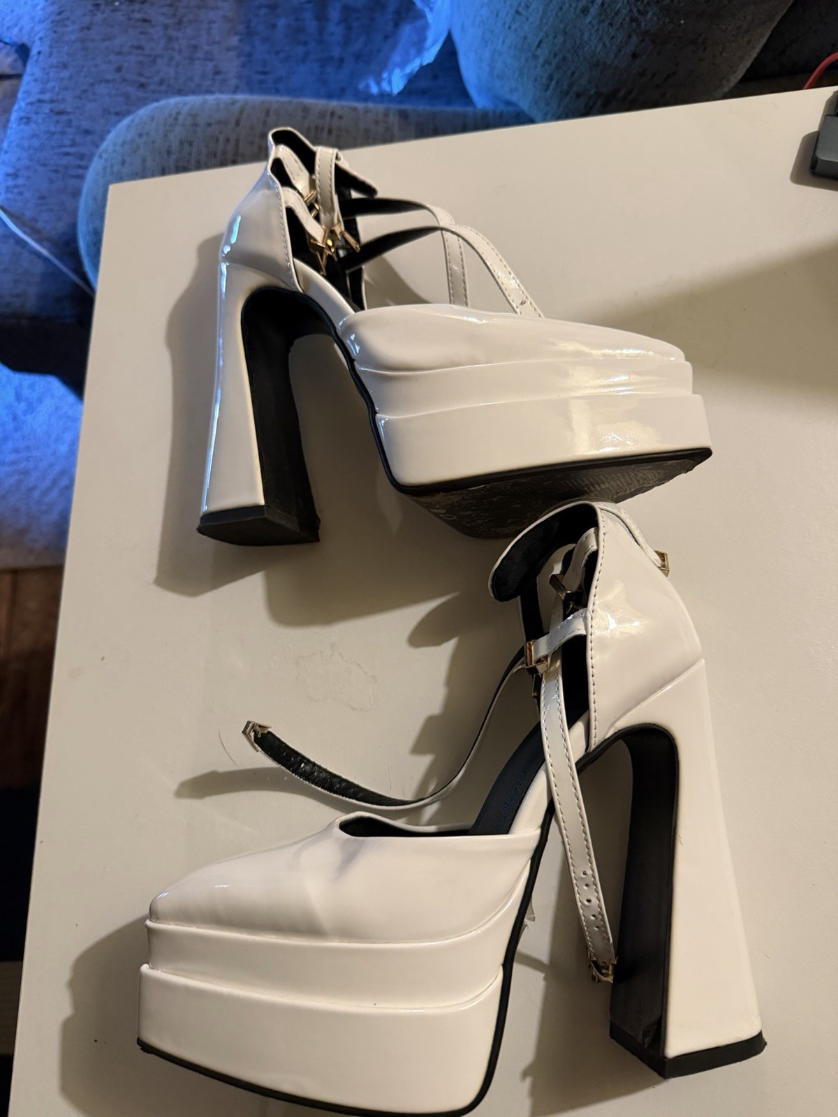 Women’s White Patent Leather Platform Block Heel Pointed Toe Ankle Strap