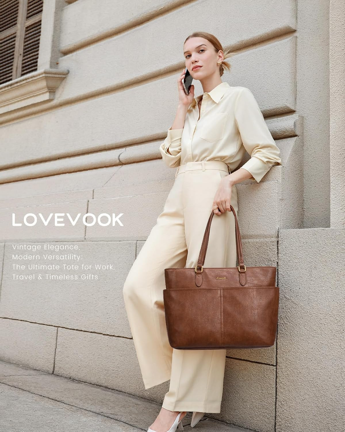 Work Tote Bags for Women, Vintage Leather 15.6 Inch Laptop Bag with Large Cup Ho