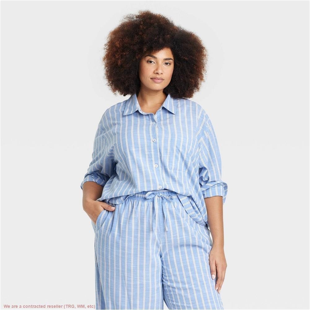 Women’s Striped Cotton Blend Long Sleeve Pajama Shirt – Auden Light Blue 1X