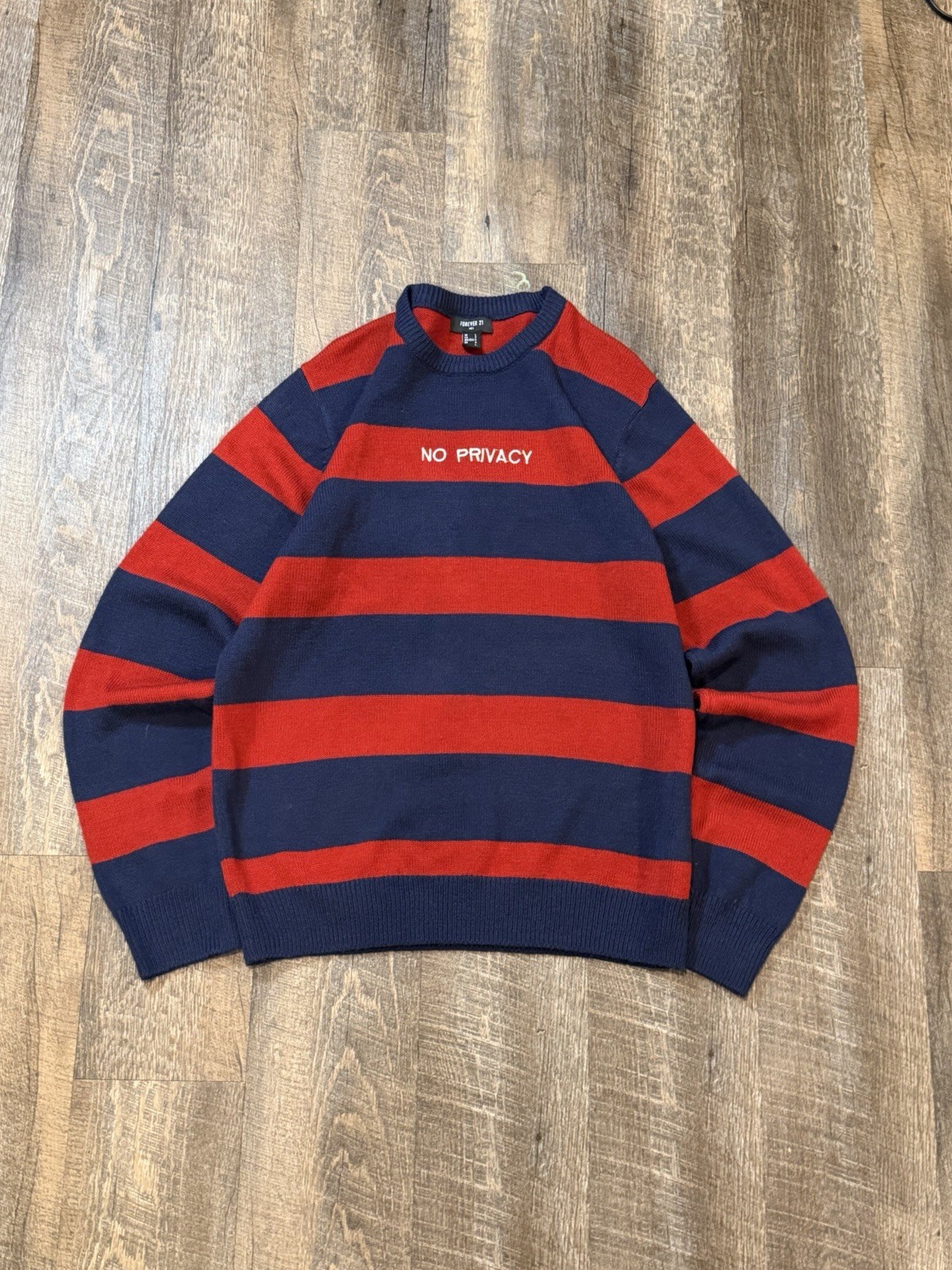 Forever 21 No Privacy Striped Knit Sweater Mens Large Red Navy Streetwear Grunge