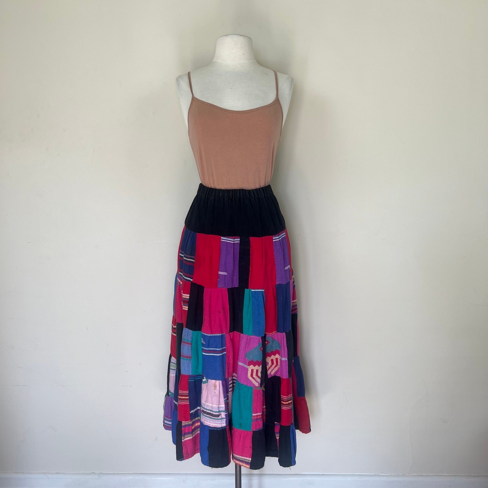 VTG Boho Handmade Upcycled tapestry Patchwork midi Skirt Women’s Guatemalan 60s
