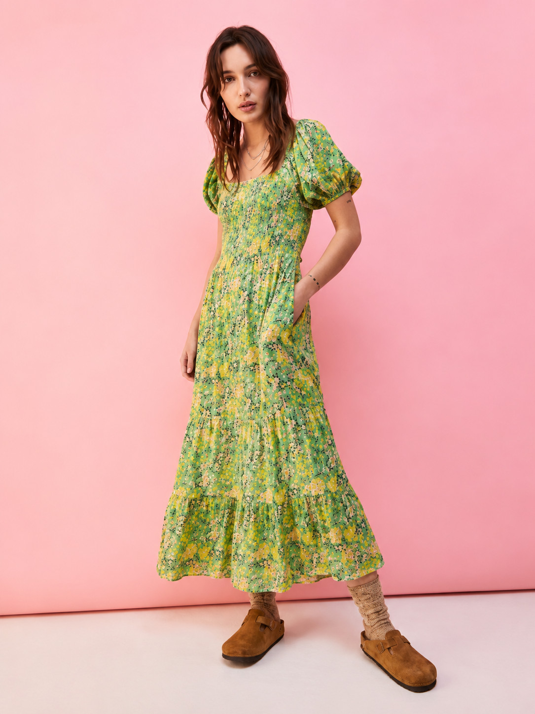 UO Lottie Floral Tie-Back Midi Dress Printed Smocked Puff Sleeve Green New M