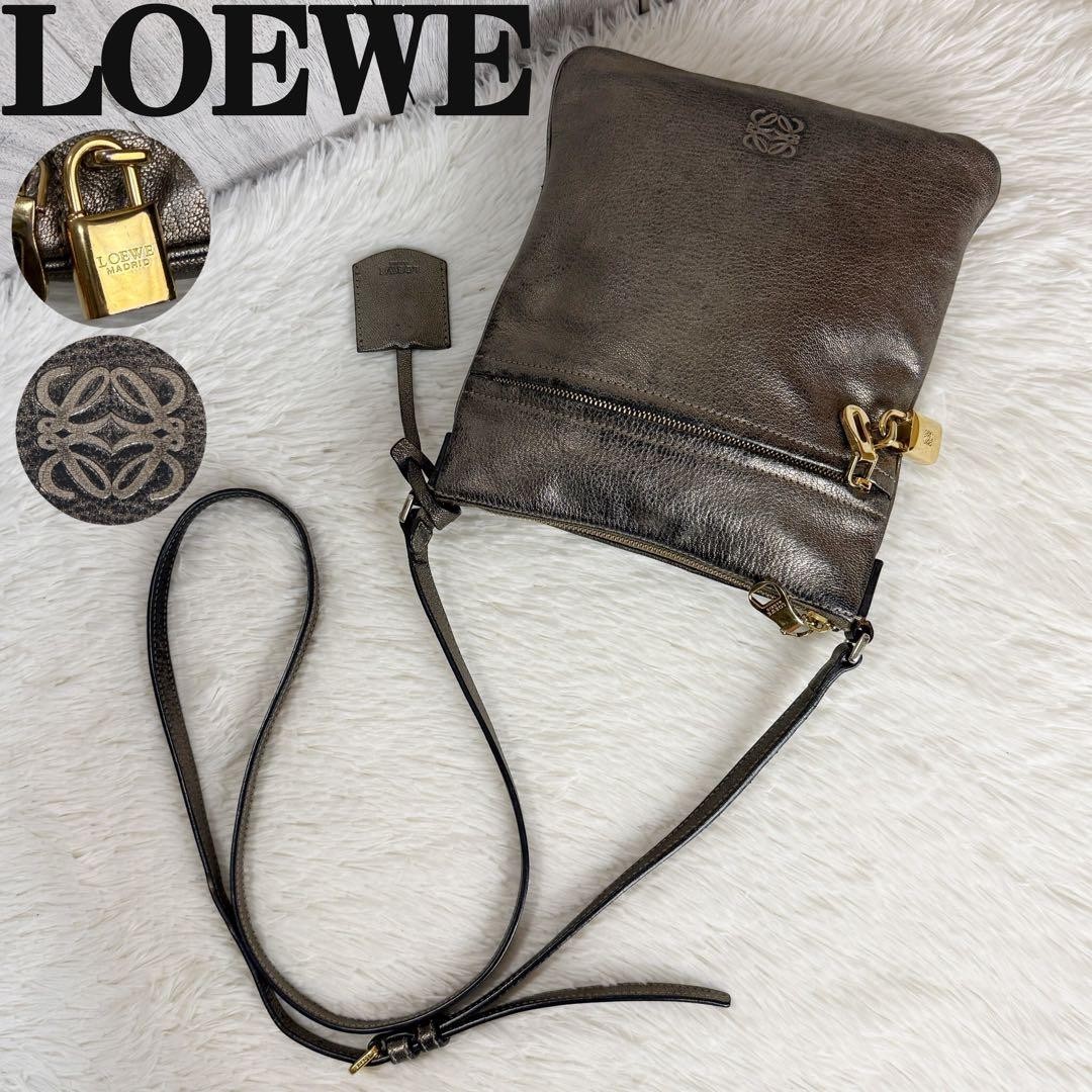 LOEWE Anagram Leather Crossbody Bag Gold Unisex Authentic Padlock Style