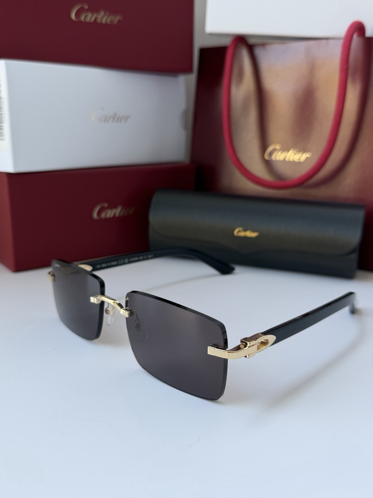 CARTIER CT0579S 005 Gold Black Dark Grey Lens Rectangular Sunglasses AUTHENTIC